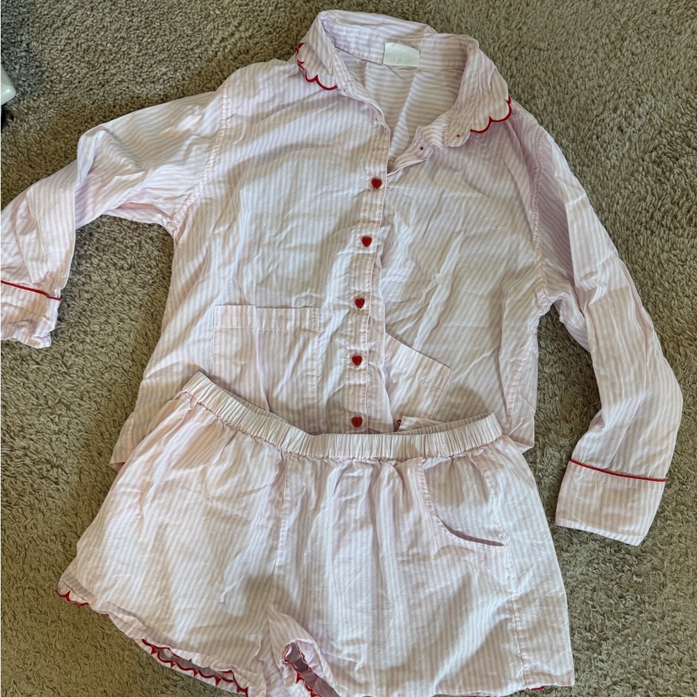 Pink Striped with heart button Pajama Set